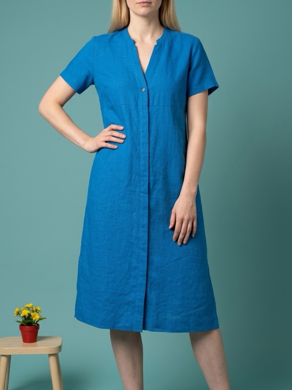FOIL Classic Short-Sleeve Button Front Blue Linen Dress with Pockets (6)